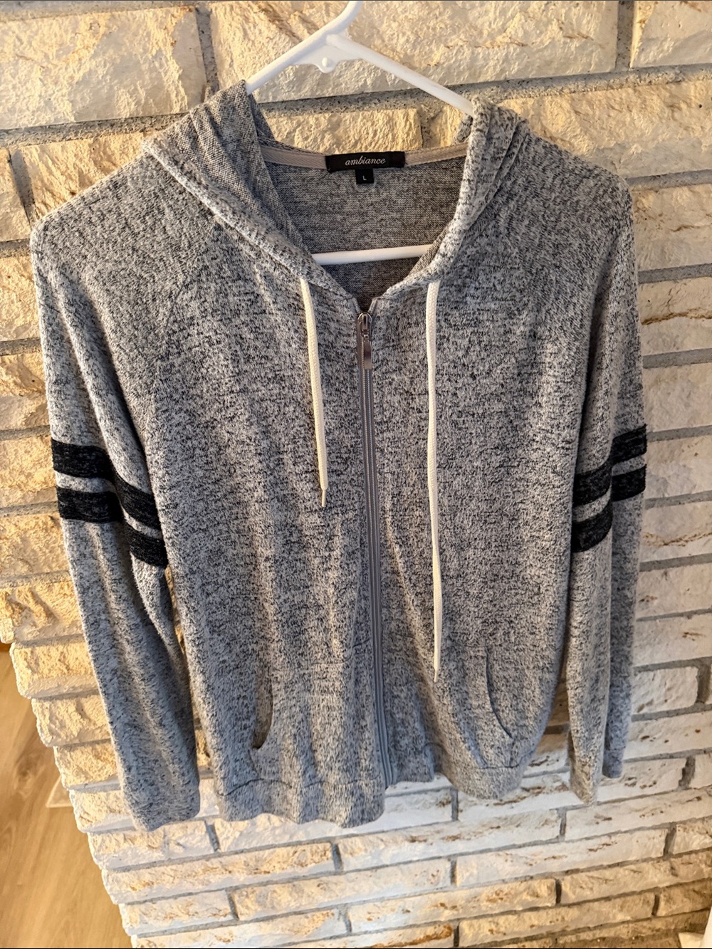 Ambiance Heather Gray Zip Hoodie with Black Sleeve Stripes